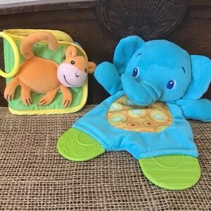 Vintage 2004 SoftPlay plush book.  Bright Starts crinkle elephant and teether.